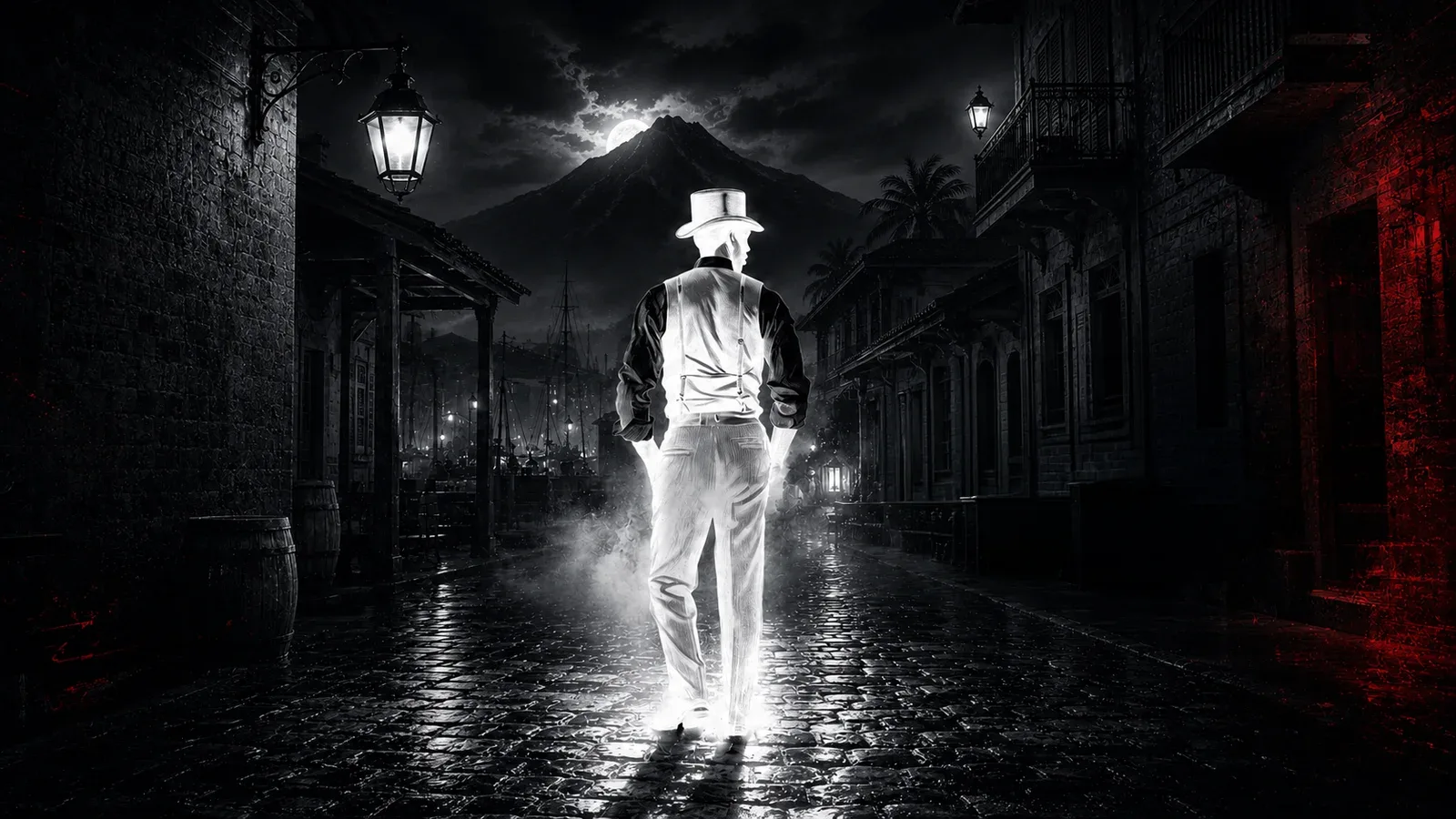 Detective Philibert : silhouette en costume blanc dans une rue pavée, la nuit, un volcan au loin.